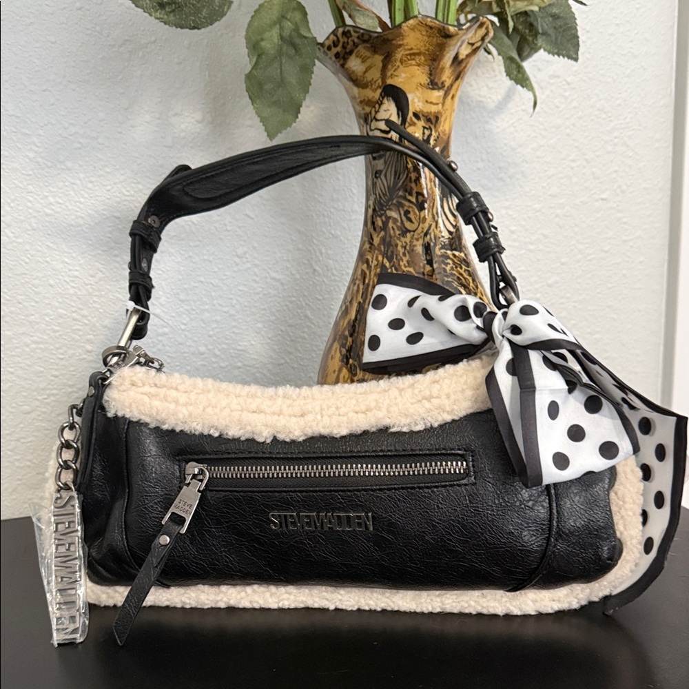 Steve Madden Black and Cream Shoulder Bag with Polka Dot Bow NWT